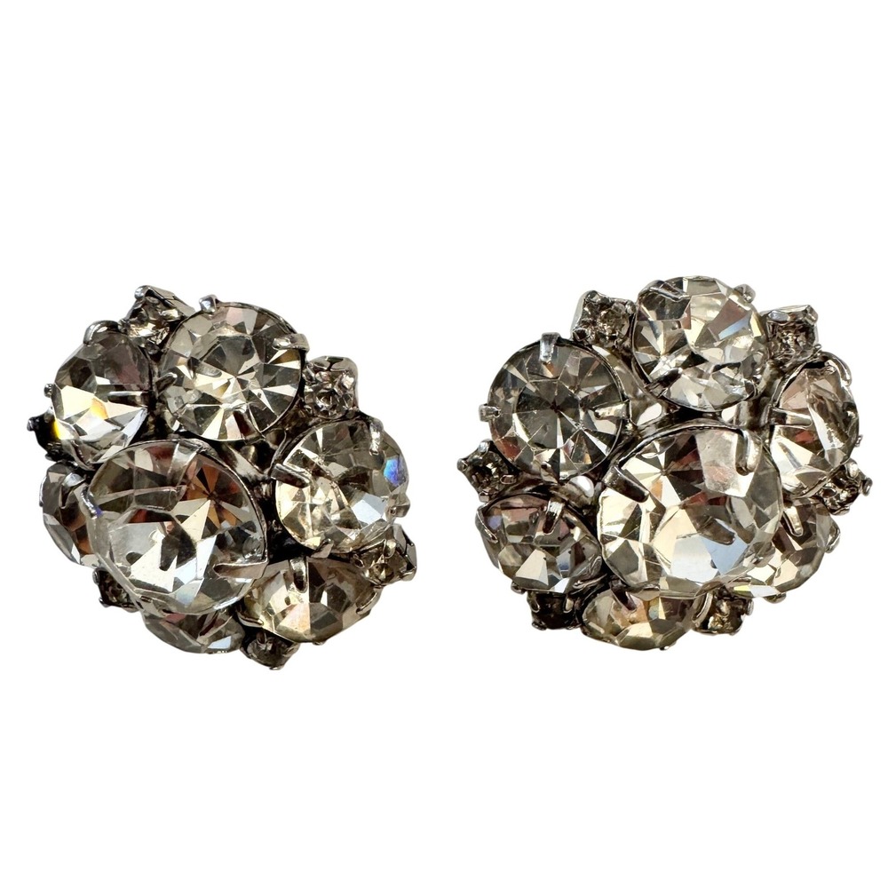 Vintage Round Diamante Rhinestone Statement Earrings Cluster Glam Sparkly Glitz - Picture 8 of 11